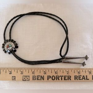 Vintage Native American handmade Zuni inlaid Bolo tie w/ sterling silver dangles